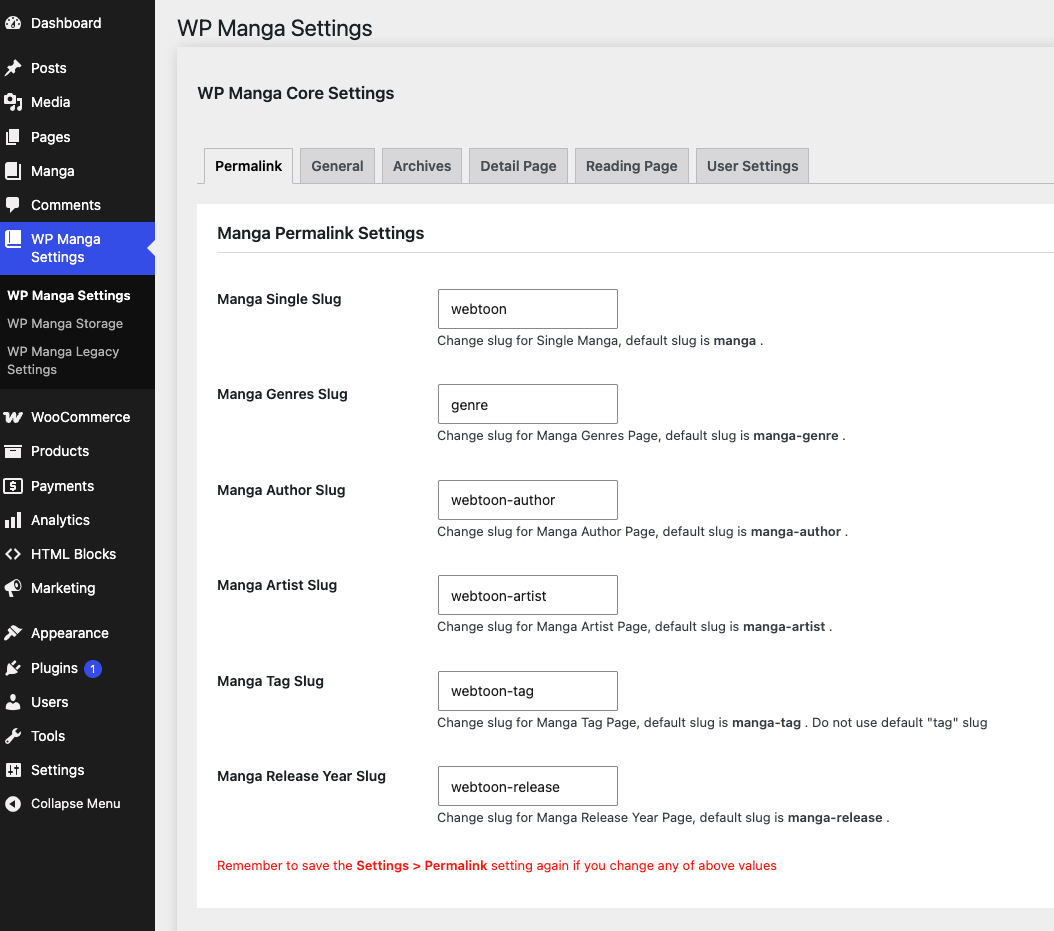 WP Manga Settings screen